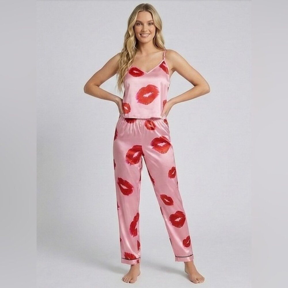 Pink Satin Red Lip Print Pajama Set